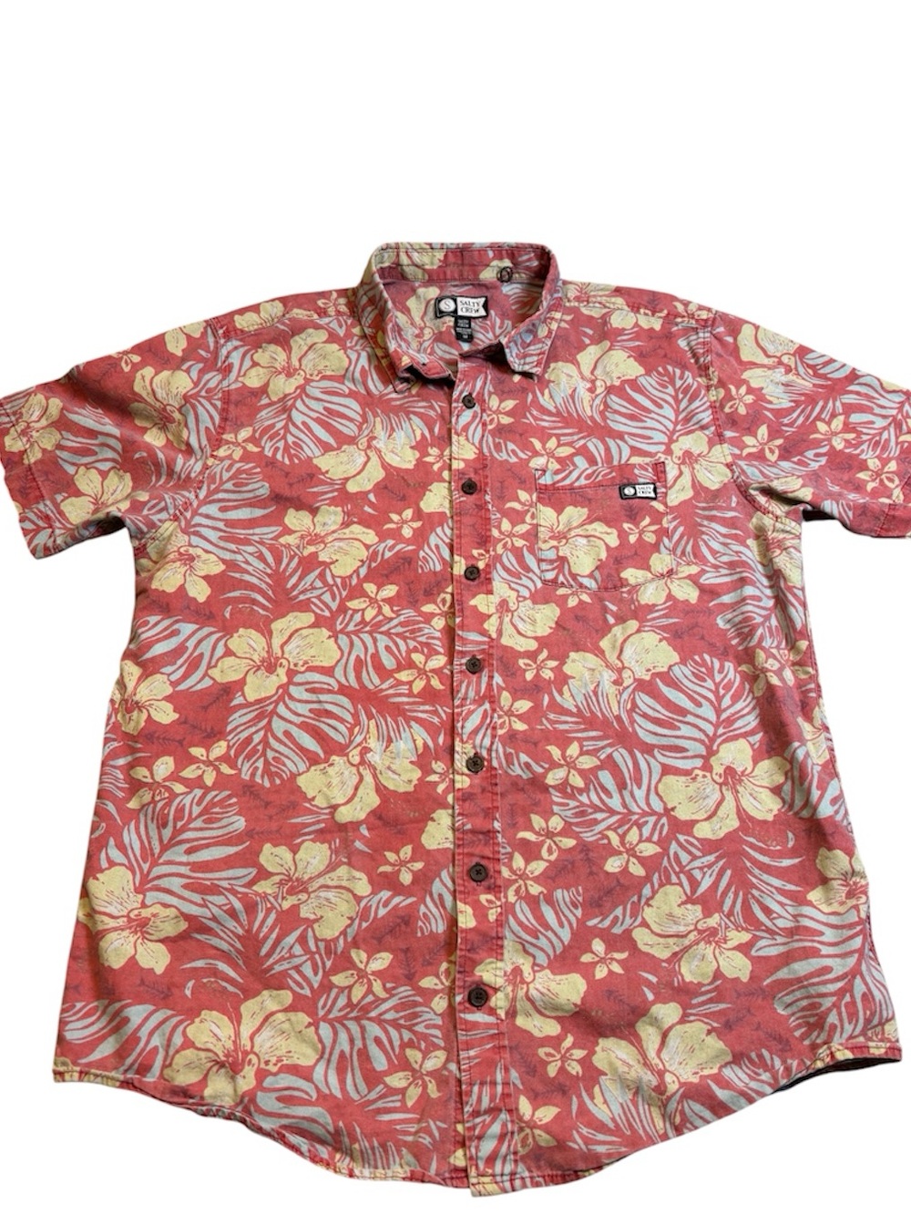 Salty Crew Tropical Hibiscus Button Down Shirt Men’s Medium Red Hawaiian Camp
